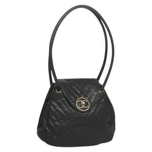 CHANEL V Stitch Shoulder Bag Caviar Skin Black Gold CC Auth 133989